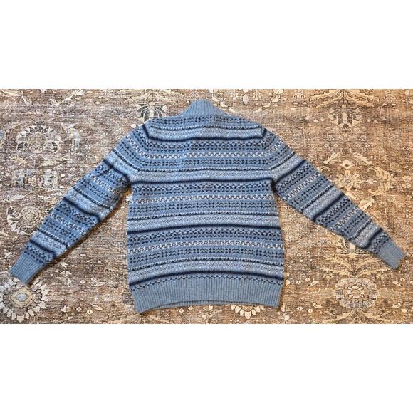 Vintage LL Bean Sweater Wool 1/4 Zip Fair Isle Geometric Nordic Ski Blue Medium - Picture 2 of 8